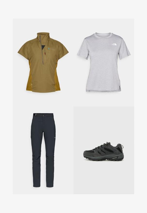 Brun kortärmad topp med hög krage och ficka på bröstet med dragkedja. Har en meshpanel och kontrasterande sidopaneler. Lättviktsmaterial.; Grå kortärmad t-shirt i mjukt, fuktavledande tyg. Har en rund halsringning och en liten vit logotyp på övre vänstra sidan.; Herrernas utomhusbyxor, mörkgrå, tillverkade av flexibelt material, med ett bälte, zip-fickor och förstärkt sömnad.; Columbia REDMOND - Hikingskor - black/citron haze