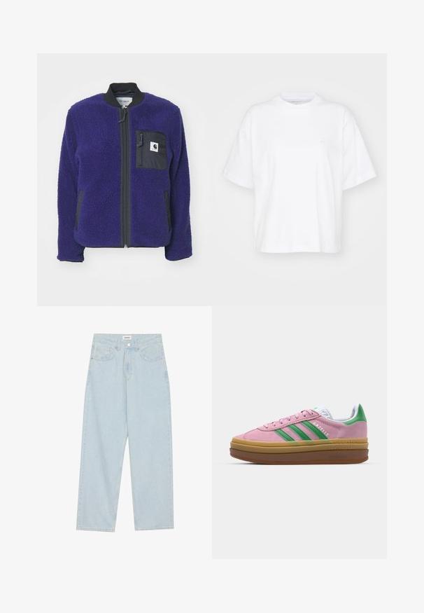 Carhartt WIP JANET LINER - Fleecejacka - aura / black; Vit bomull t-shirt med rund hals, korta ärmar och avslappnad passform. Har en diskret logotyp på vänster bröstområde. Slät textur.; Ljust blå vida jeans av denim, med en medelhög midja, fem fickor och en knappstängning med en smal metallaccent.; Rosa mockaskor med gröna ränder, vita accenter och en brun gummisula. Har ett strukturerat tyg och logodetaljer på sidan.