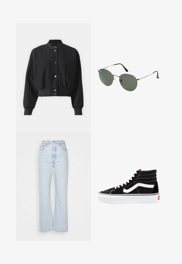 Jachetă neagră scurtă cu guler rotund, închidere cu capse și două buzunare în față. Fabricată dintr-un material neted cu un finisaj ușor texturat.; Două topuri fără mâneci, în alb și negru, fabricate din bumbac ribbed, având decolteuri rotunde și un design ajustat. Etichetele sunt vizibile pe ambele.; Jeans de culoare albastru deschis, cu talie înaltă și picioare evazate, realizate din denim cu o textură decolorată. Au cinci buzunare și accente din metal.; Tenisi negri cu glezna înaltă, cu șireturi albe, un logo alb și cusături albe contrastante. Prezintă o talpă groasă albă și un exterior din nubuc texturat.; Ochelari de soare cu ramă metalică, dotati cu lentile ovale verzi. Ramă subțire din metal argintiu și ușițe negre. Design minimalist, fără logo-uri vizibile.
