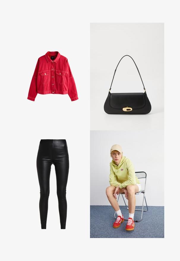 Rode denimjas met een gecollarde halslijn, voorzakken en knoopsluitingen. Bevat opvallende stiksels en heeft een relaxed fit.; Grijze gebreide coltrui met een ontspannen pasvorm, geribbelde mouwen en onderkant, en een gevarieerde structuur. De achterkant is eenvoudig zonder verdere details.; Zwarte nepleer leggings met een hoge taille, een figuurvolgend ontwerp, een gladde textuur en geen zichtbare naden of versieringen.; Lichtgroene hoodie met logo, witte shorts, rode sneakers met witte strepen, zittend op een chroom opvouwstoel tegen een neutrale achtergrond.; Zwarte leren handtas met een gebogen ontwerp, goudkleurige accenten en een bovenhandvat. Heeft een strakke sluiting en een gladde textuur.
