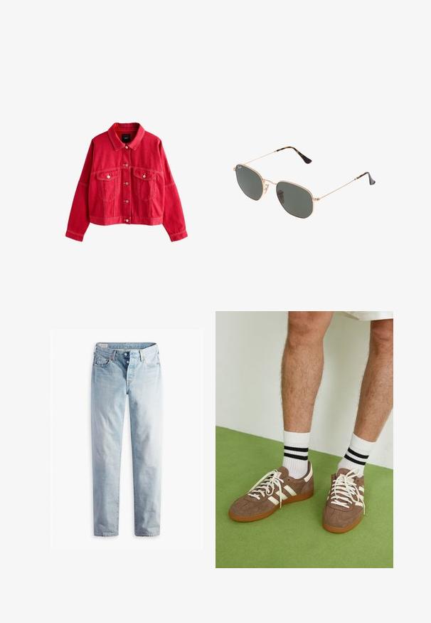 Červená džínsová bunda s límečkem, předními kapsami a zapínáním na knoflíky. Disponuje výrazným šitím a pohodlným střihem.; Bílý top s dlouhými rukávy a hlubokým výstřihem do V, ribovaná textura na ramenou a přiléhavý střih. Štítek viditelný u výstřihu.; Světle modré denimové džíny s rovnými nohavicemi, dvě přední kapsy a dvě zadní kapsy. Obsahují dvouknoflíkový zip a jemné prošívání.; Hnědé semišové tenisky s bílými akcenty a tkaničkami. Gumová podrážka. Nošeny s bílými ponožkami s černými pruhy. Zelená strukturovaná podlaha.; Sluneční brýle s kovovým zlatým rámem a tmavě zelenými skly, styl aviatorek, s úzkými obroučkami a želvovinovými akcenty na špičkách.