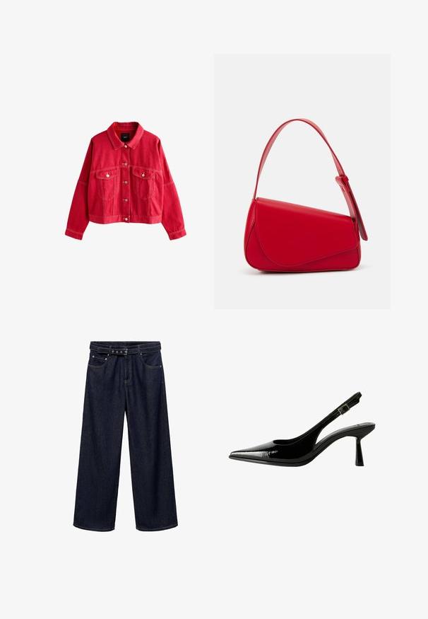 Red denim jacket with a collared neckline, front pockets, and button closures. Features prominent stitching and a relaxed fit.; Dark blue denim skirt with flared design, featuring vertical seams and a smooth texture. No visible hardware or accents.; Dark blue wide-leg jeans made of denim. Features a belted waistband with multiple buttons, front pockets, and a clean finish at the hems.; Black patent leather slingback pump with a pointed toe, cutout sides, adjustable ankle strap, and a thin, sleek heel.; Red leather handbag with an angular, geometric design. Features a single adjustable strap and a flap closure with stitched detailing.