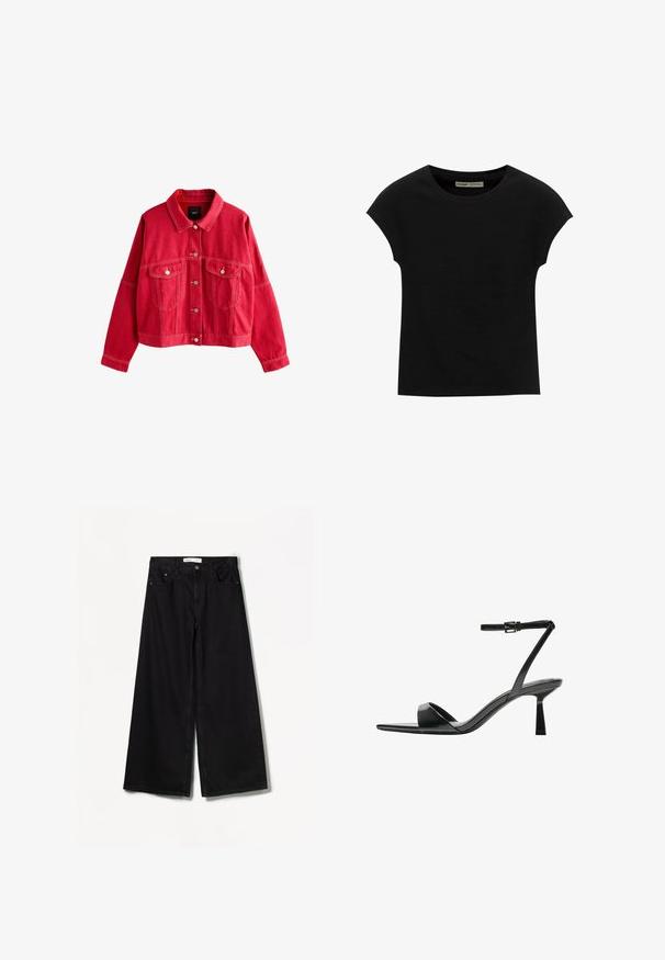 Rdeča jeans jakna s ovratnikom, sprednjimi žepi in gumbnim zapiranjem. Ima poudarjeno šivanje in sproščen kroj.; Črna kratka majica s kratkimi rokavi in okroglim izrezom. Iz gladke, raztegljive bombažne tkanine. Preprost dizajn brez vzorcev ali grafike.; Bershka WIDE-LEG - Široke hlačnice - black; Bershka Sandali z visoko peto - black