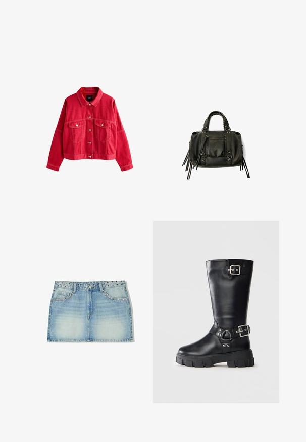 Veste en denim rouge avec un col, des poches avant et des fermetures à boutons. Caractéristiques de surpiqûres marquées et d'une coupe décontractée.; Haut blanc à manches courtes avec un col rond et une coupe décontractée. Fabriqué à partir d'un tissu lisse, présentant une texture subtile et des lignes épurées.; Jupe en denim mini de couleur bleu clair, avec une taille ornée de clous, deux poches avant et une coupe droite avec une texture délavée.; Botte en cuir noire mi-mollet avec semelle épaisse à crampons, deux sangles à boucle en argent - une en haut et une autour de la cheville.; Sac à main en cuir noir avec des poignées tressées, une poche zippée et des glands suspendus. Surface texturée avec des clous en métal et des accents en métal.