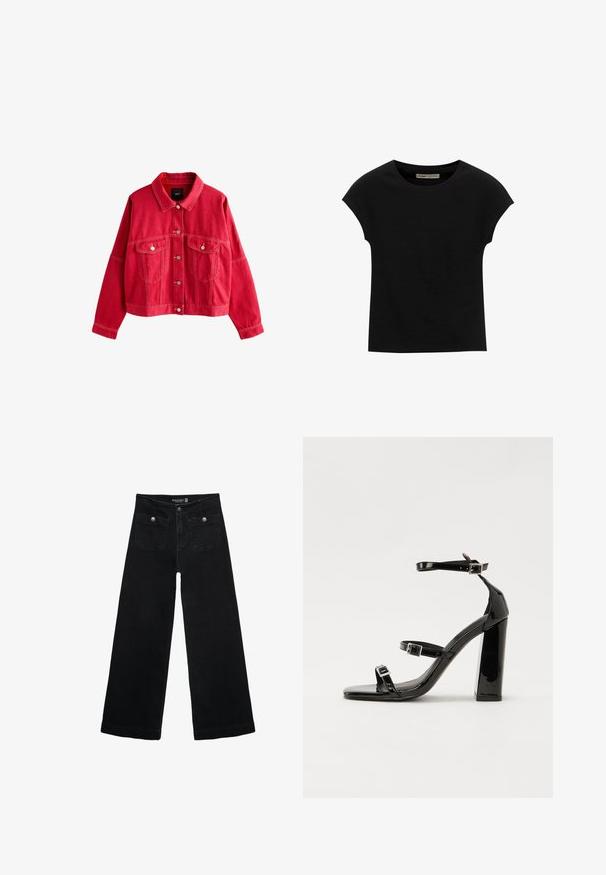 Veste en denim rouge avec un col, des poches avant et des fermetures à boutons. Caractéristiques de surpiqûres marquées et d'une coupe décontractée.; T-shirt noir à manches courtes en tissu doux, avec un col rond et une coupe décontractée, au toucher lisse et sans motifs.; Jean's larges noires avec taille haute, dotés de deux poches avant et d'accents en métal sur les boutons. Le tissu a une texture lisse.; Sandales à talons vernies noires avec un bout carré, des sangles autour de la cheville et des boucles en argent. Dotées d'un talon bloc épais pour plus de stabilité.