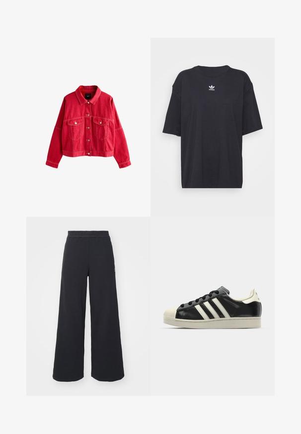 Red denim jacket with a collared neckline, front pockets, and button closures. Features prominent stitching and a relaxed fit.; Black cotton t-shirt with short sleeves, round neckline, features a white Adidas logo on the chest. Simple design, relaxed fit.; Black wide-leg sweatpants made from soft fabric, featuring an elastic waistband and a small logo on the left side.; Black leather sneaker with white stripes, rubber toe cap, black laces, and a cream-colored outsole. Smooth texture with shiny finish.