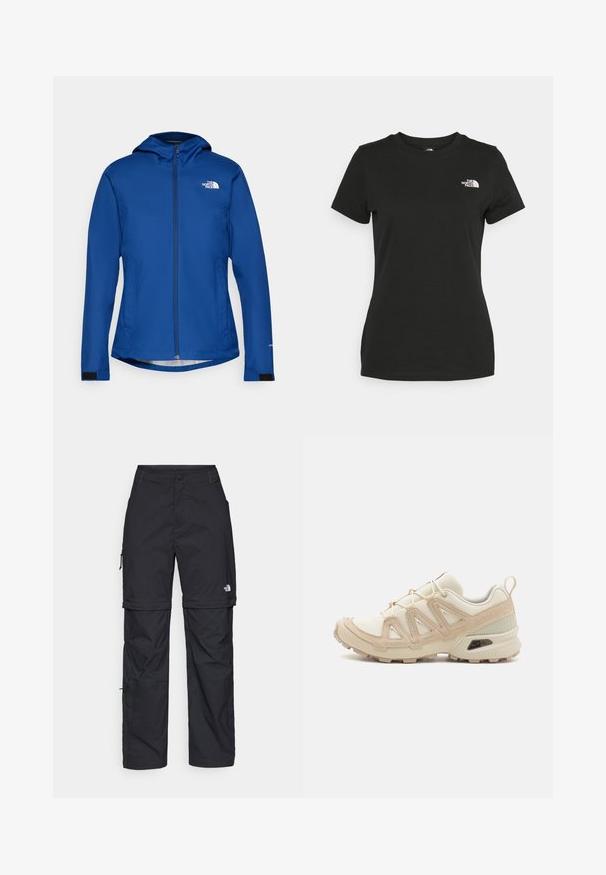 Blå vattentät jacka med huva, frontdragkedja och två sidofickor. Har en logotyp på vänster bröst och kardborreaccent vid ärmsluten.; Svart bomull t-shirt med rund halsringning och korta ärmar. Anmärkningsvärt vitt logotyp på övre vänstra sidan. Slät yta, avslappnad passform.; Svarta nylonbyxor med avtagbara ben, justerbara muddar, flera fickor och en logotyp på högra benet. Slät, lätt textur.; Beige och krämfärgad atletisk sko med texturerad meshovandel, stöttande överdrag och gummisulor med ett mönster för grepp.