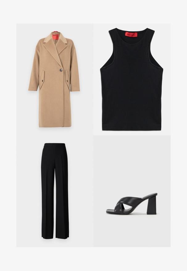 Manteau en laine beige avec un col cranté, une fermeture à bouton unique et deux poches plaquées inclinées. Texture douce, silhouette droite.; Top sans manches noir en coton doux. Présente un col rond et un ourlet standard. Design simple, sans motifs ni accents visibles.; Pantalons noirs à jambes larges avec une texture lisse, dotés d'une taille haute et de plis centraux. Pas de motifs visibles ni de détails en matériel.; MAX&Co. SOHO - Sandales à talons hauts - schwarz
