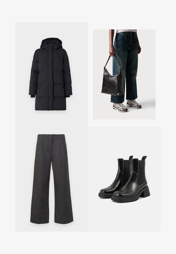 Crni pufasti kaput s kapuljačom, s ušivenim dizajnom, dugim rukavima, prednjim zatvaranjem na zip i elastičnim rukavima. Glatka, teksturirana tkanina.; Bezrukavni tamno sivi pulover s okruglim izrezom, rebrastim rubom i šavovima na ramenima. Tekstura tkanine izgleda glatko i blago rastezljivo.; Hlače širokih nogavica od crnog materijala, s visokim strukom, prednjim pregibima i diskretnim džepovima. Glatka tekstura s urednim završetkom.; Crne kožne Chelsea čizme s debelim potplatom, elastičnim bočnim panelima i kontrastnim bijelim šavovima. Teksturirana površina.; Crna kožna torba za rame s glatkom teksturom i podešivim remenom, u kombinaciji s izblijedjelim širokim trapericama i sportskim tenisicama.