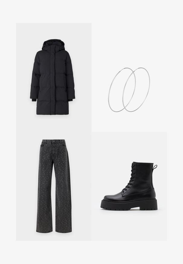 Crni pufasti kaput s kapuljačom, s ušivenim dizajnom, dugim rukavima, prednjim zatvaranjem na zip i elastičnim rukavima. Glatka, teksturirana tkanina.; Crni bodysuit dugih rukava s mrežastim V-izrezom i naborima na ramenima. Glatka tkanina s prilagođenim oblikom.; Noisy May NMJANNEL LOOSE - Traperice opuštenog kroja - black denim; Crne kožne gležnjače s okruglim vrhom, vezanjem sprijeda i debelim gumenim potplatom s teksturiranim uzorkom. Tipa: traka za vuču na stražnjoj strani.; Srebrne okrugle naušnice s minimalističkim dizajnom. Kružni oblik, glatka tekstura i tanak profil. Lagane s poliranim završetkom.