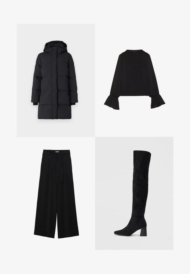 Sort puffersede med hætte, der har et kviltet design, lange ærmer, lynlås foran og elastiske manchetter. Glat, struktureret stof.; Sort langærmet top med flagrende manchetter, blød tekstur og en afslappet pasform, samt en enkel rund halsudskæring.; Sorte vide bukser i en tekstureret stofkvalitet, med elastisk talje og et aftageligt bånd i taljen for justerbar pasform.; Sorte ruskind støvler i knæhøjde med blokheel, spids tå og glat, sømløs design på en enkel lys baggrund.