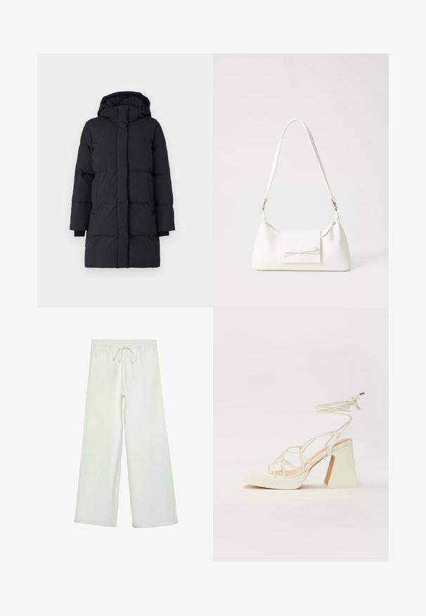 Giacca piumino nera con cappuccio, caratterizzata da un design trapuntato, maniche lunghe, chiusura frontale con zip e polsini elasticizzati. Tessuto liscio e testurizzato.; T-shirt bianco a maniche corte realizzato in cotone. Presenta un collo tondo e una vestibilità rilassata. Texture liscia senza motivi o dettagli visibili.; Pantaloni bianchi a gamba larga realizzati in un tessuto morbido. Presentano un elastico in vita con cordino e una consistenza liscia. Senza motivi visibili o accessori.; Sandalo bianco con tacco alto, caratterizzato da un design a cinturini e un legaccio alla caviglia. Texture liscia con una piattaforma frontale per un'altezza aggiuntiva.; Borsa sintetica bianca a forma triangolare, con patta anteriore piatta e dettaglio a fiocco, tracolla regolabile, texture liscia e design minimalista.
