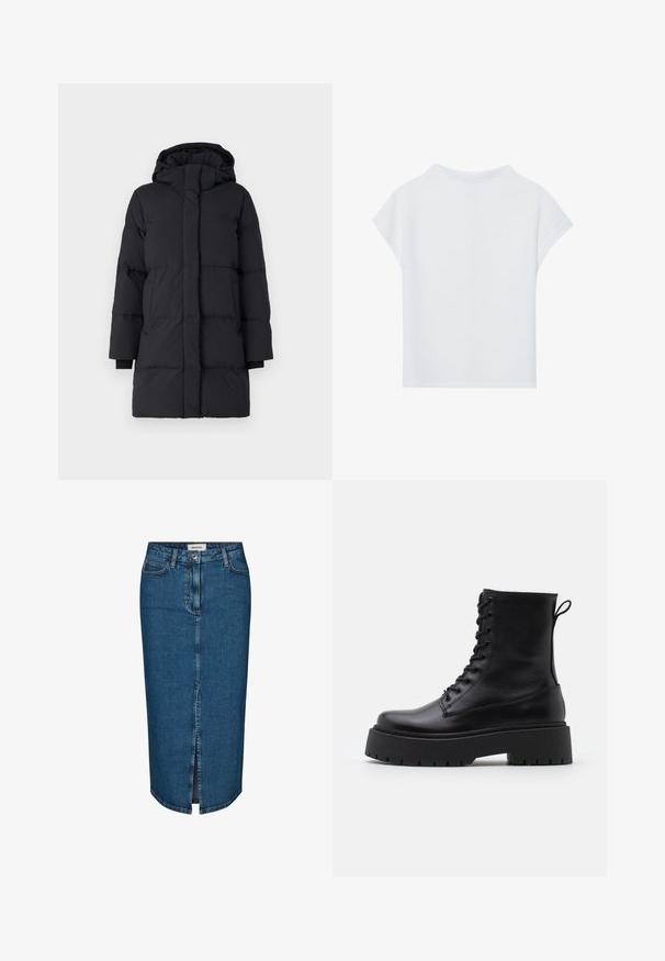 Juodas pūkuotas paltas su gaubtu, su siūtu dizainu, ilgomis rankovėmis, priekiniu užtrauktuku ir elastingais motyvais. Lygus, tekstūruotas audinys.; Balti trumpomis rankovėmis viršus, pasižymintis laisvu siluetu, lengvu audiniu ir apvalia iškirpte. Galinėje apžvalgoje matomas sklandus, paprastas dizainas.; Tamsiai mėlyna džinsinė pieštuko sijonas, turintis priekį įpjovą, penkis kišenes ir kontrastingą siuvimą. Vidutinio aukščio liemuo su klasikiniu dizainu.; Juodos odinės aulinukės su apvalia nosimi, raišteliais priekyje ir storesniu guminio pado apačioje su tekstūruotu raštu. Priekyje yra kilputė.