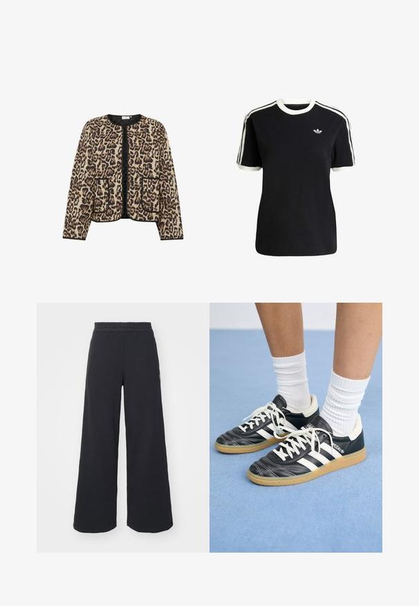 Chaquetón acolchado de estampado de leopardo con cuello redondo, ribete negro y dos bolsillos frontales; presenta una superficie suave y texturizada.; Camiseta de algodón negra con acentos en blanco en el cuello y las mangas, que presenta tres rayas blancas en cada hombro y un pequeño logo en el pecho.; Pantalones de chándal negros de pierna ancha, hechos de una tela suave, con una cintura elástica y un pequeño logo en el lado izquierdo.; Zapatillas de cuero negro con rayas blancas, punta redonda, cordones blancos y suela de goma. Destacan por su cuello acolchado y detalles de marca.