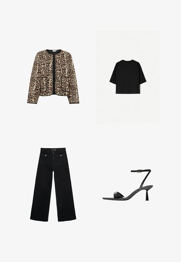 Kurtka pikowana w wzór lamparta z okrągłym dekoltem, czarnymi lamówkami i dwiema przednimi kieszeniami; charakteryzuje się miękką, teksturowaną powierzchnią.; Czarna, oversize koszulka z krótkimi rękawami, okrągłym dekoltem i prostym wykończeniem. Wykonana z miękkiej bawełny o gładkiej fakturze. Widok z tyłu.; Czarne, szerokie dżinsy z wysokim stanem, z dwoma przednimi kieszeniami i metalowymi guzikami. Tkanina ma gładką fakturę.; Bershka - Sandały na obcasie