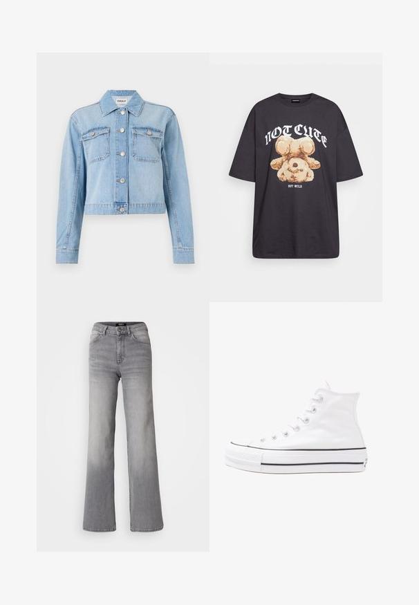 Svijetloplava traper jakna s skraćenim dizajnom, koja ima dvije prednje džepove, srebrne gumbe i raspoređene ukrase od rhinestona.; Črna oversized majica s kratkimi rokavi, na kateri je grafika medveda z besedilom „NI SRČKAN VKLJUČNO Z DIVJIM“ v poudarjenem belem tisku. Material: bombaž.; Visoko pasu naravnost krojene sivo denim hlače z gumbom in zadrgo spredaj, sprednjimi in zadnjimi žepe ter zbledelim odtenkom na stegen in tele. ; Beli visoki platneni športni čevelj z črnim gumijastim podplatom, sprednjim gumijastim zaščitnikom za prste in šestimi luknjicami za vezalke, ki se ponaša s preprostim, minimalističnim dizajnom.