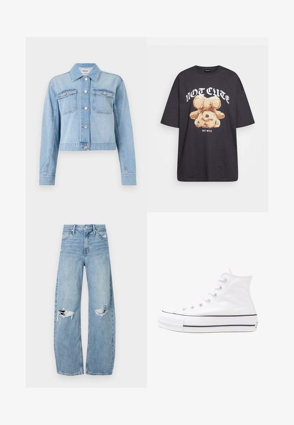 Svetlomodrá denimová bunda s krátkym strihom, obsahujúca dve náprsné vrecká, strieborné gombíky a roztrúsené ozdoby s kamienkami.; Čierne oversized tričko s grafikou medveďa a textom "NIE ROZTOMILÉ ALE DIVOKÉ" v tučnom bielom písmene. Bavlnený materiál.; Svetlomodré, vysoké džínsy vyrobené z denimu. Majú široké nohavice, dve roztrhnuté kolená a klasický päťvreckový strih.; Biele vysoké plátené tenisky s čiernou gumovou podošvou, prednou gumovou špičkou a šiestimi okami na šnúrky, s čistým, minimalistickým dizajnom.