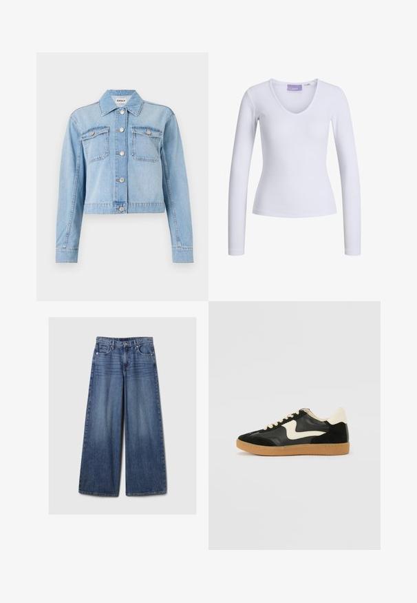 Šviesiai mėlyna džinsinė striukė su trumpinta forma, turinti dvi krūtinės kišenes, sidabrinius mygtukus ir išsklaidytas deimantų puošmenas.; Balta ilgomis rankovėmis maikutė, pasižyminti rausva tekstūra ir V formos kaklu. Ant kaklo viduje matoma etiketė su prekės ženklu "JJXX."; Platus mėlynos džinsinės kelnės su išblukusiu paviršiumi, su mygtukų ir užtrauktuko uždarymu, penkiomis kišenėmis ir diržo kilpomis.; Juodos zomšo ir odos sportinės bateliai su kreminiu šoniniu swoosh ir šviesiai kreminiu kulnu. Ypatybės - smėlio spalvos raišteliai ir guminis padas.