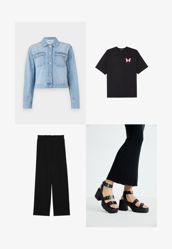 Light blue denim jacket with a cropped design, featuring two chest pockets, silver buttons, and scattered rhinestone embellishments.; Black cotton t-shirt with short sleeves, featuring a small pink butterfly graphic on the left chest. Crew neck design with a relaxed fit.; Black wide-leg trousers with a ruffled waistband, featuring two side pockets and a smooth, lightweight fabric. No visible patterns or hardware.; Black platform sandals with chunky, lug soles and multiple straps, featuring metal buckles and a smooth leather-like texture.