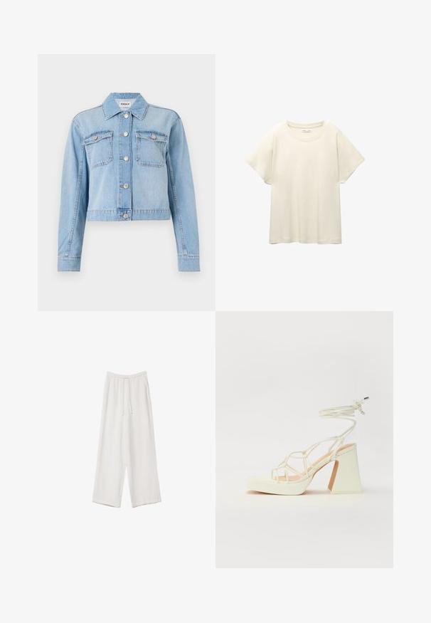 Vaaleansininen farkkutakki, jossa on lyhennetty malli. Takissa on kaksi rintataskua, hopeiset napit ja ripaus säihkeitä strasseja.; Vaaleanbeige lyhythihainen t-paita, jossa on pyöreä kaula-aukko, valmistettu pehmeästä ja sileästä kankaasta. Ominaisuuksina rento mitta ja suora helma.; Valkoiset leveälahkeiset housut kevyestä kankaasta. Ominaisuuksiin kuuluu elastinen vyötärö, jossa on nauhakuuluma ja sivutaskut. Sileä rakenne.; Valkoinen korkokenkä, jossa on paksu korko, ja joka sisältää nauhakiinnityksen ja nilkkaketjun. Sujuva pinta, jossa on platform-etupohja lisäkorkeutta varten.