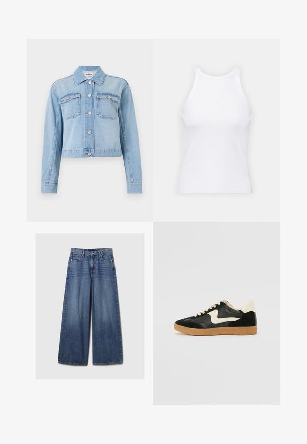 Helehelesinine teksajakk, millel on lühendatud disain, kaks rinnakotti, hõbedased nupud ja juhuslikult laiali asetatud sädelevad kivid.; Valge ilma varrukateta T-särk, mis on valmistatud ribakangast, ümarate kaelustega ja kitseneva siluetiga, minimaalse õmbluste ning ilma kaunistusteta.; Laiad sinised denimpüksid, millel on pleekinud viimistlus, nupp ja lukuga sulgemine, viis taskut ning vööaasad.; Must musta ja nahast sneakersid, millel on koorevärvi külgsuund ja hele koorik. Omab beeži paelu ja kummi kummist välistalla.