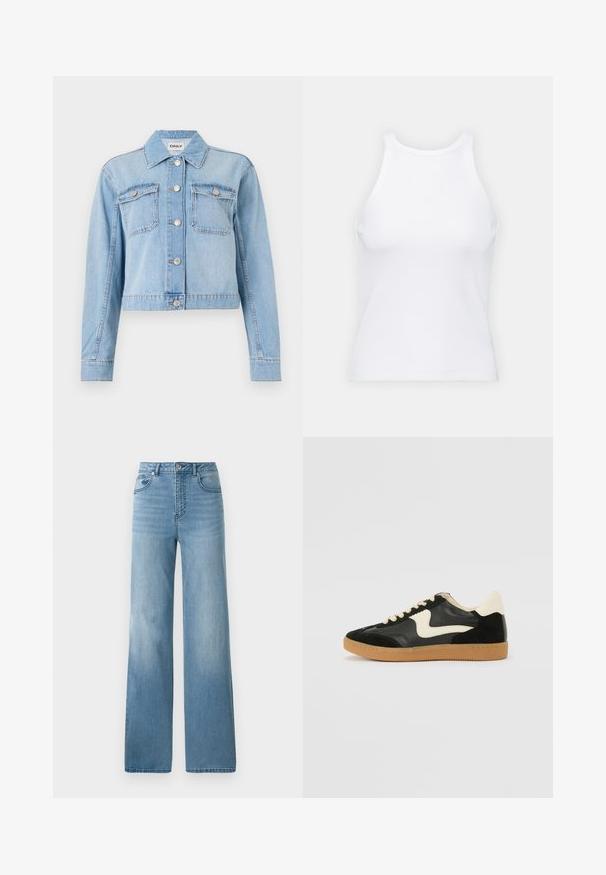 Šviesiai mėlyna džinsinė striukė su trumpinta forma, turinti dvi krūtinės kišenes, sidabrinius mygtukus ir išsklaidytas deimantų puošmenas.; Baltas be rankovių marškinėlis, pagamintas iš išklotinės medžiagos, su apvaliu iškirpimu ir prigludusia siluetu, minimaliais siūlais ir be dekoracijų.; Šviesiai mėlynos aukšto liemens džinsai su tiesiu sijonu. Pagaminti iš džinsinio audinio, su penkiomis kišenėmis ir mygtukų uždarymu.; Juodos zomšo ir odos sportinės bateliai su kreminiu šoniniu swoosh ir šviesiai kreminiu kulnu. Ypatybės - smėlio spalvos raišteliai ir guminis padas.