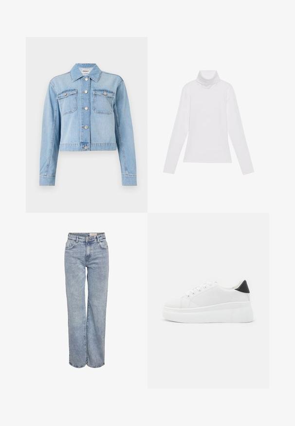 Lichtblauwe denimjas met een cropped ontwerp, voorzien van twee borstzakken, zilveren knopen en verspreide strassversieringen.; Witte lange mouw turtleneck top gemaakt van glad, elastisch materiaal. Voorzien van een hoge kraag en een getailleerd ontwerp, zonder zichtbare patronen of versieringen.; Lichtblauwe wijde jeans gemaakt van denim, met een hoge taille, vijf zakken en subtiele vervaging voor een versleten uitstraling.; Witte platform sneakers van glad synthetisch materiaal, met een afgeronde neus, vetersluiting en een gestructureerde rubberen zool. Zwarte hielaccent.