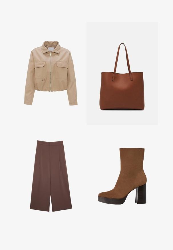 Beige verkürzte Jacke aus glattem Stoff. Verfügt über einen Stehkragen, einen Reißverschluss vorne und zwei Brusttaschen mit Klappe.; Braunes, kurzärmliges T-Shirt aus weichem Material mit rundem Halsausschnitt und lockerer Passform. Keine sichtbaren Muster oder Akzente.; Braune Weite-Leg-Hosen mit einer glatten Textur, hoher Taille und Vorderfalten. Der Stoff ist leicht und fällt locker.; Braunes Wildleder-Ankle Boot mit runder Spitze, klobigem schwarz gestreiften Absatz und glatter Oberfläche. Besitzt ein enganliegendes Design ohne sichtbare Beschläge.; Braune Leder-Tote mit glatter Textur, offenem Oberteil und zwei Schulterriemen. Verfügt über minimale Nähte und keine sichtbaren Beschläge.