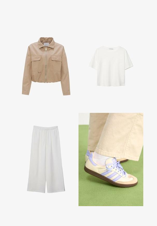 Beige verkürzte Jacke aus glattem Stoff. Verfügt über einen Stehkragen, einen Reißverschluss vorne und zwei Brusttaschen mit Klappe.; Weißes T-Shirt mit kurzen Ärmeln aus Baumwolle. Hat einen Rundhalsausschnitt und eine lockere Passform. Glatte Textur ohne sichtbare Muster oder Akzente.; Weiße, weit geschnittene Hosen aus leichtem Stoff, mit einem elastischen Bund und einem Zugband für eine verstellbare Passform. Glatte Textur.; Cremefarbene und lavendelfarbene Sneakers mit drei Streifen und einer strukturierten braunen Sohle, ausgestattet mit Schnürsenkeln und einer gepolsterten Ferse. Obermaterial aus weichem Stoff.