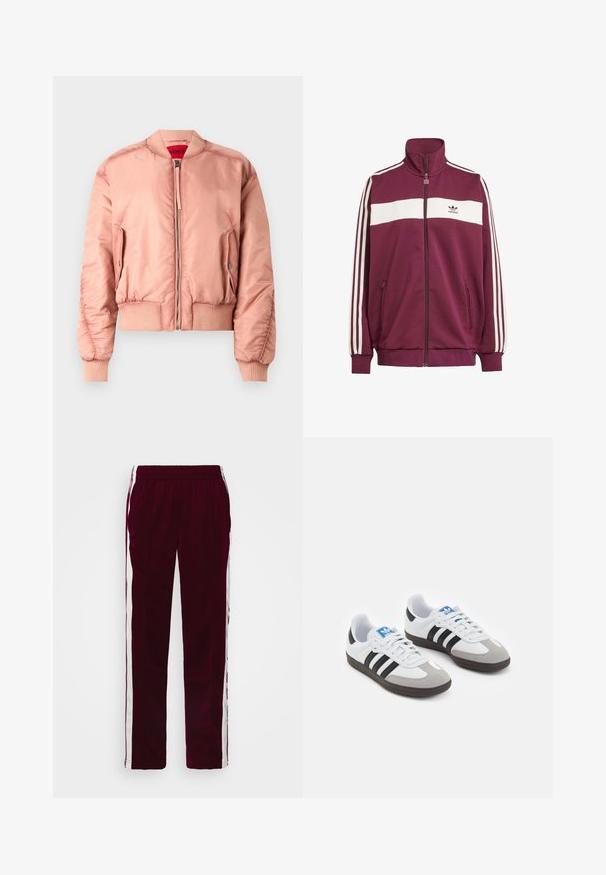 Rosa Bomberjacke aus glattem, glänzendem Stoff, mit gerippten Bündchen und Saum, vorderem Reißverschluss und seitlichen Taschen. Gefüttert mit einem leuchtend roten Innenfutter.; Bordeauxfarbener Zip-Jacke mit weißem horizontalen Streifen und drei weißen Seitestreifen. Besitzt einen hohen Kragen und zwei seitliche Reißverschlusstaschen.; Weißes, enganliegendes T-Shirt aus Baumwolle mit rundem Ausschnitt und kurzen Ärmeln, versehen mit einem hellblauen, gestickten Logo auf der Vorderseite.; Burgunderfarbene Sporthosen mit einem Kordelzugbund, weißen Seitenstreifen und einer schmalen Passform. Hergestellt aus einem glatten, leichten Stoff.; Sportschuhe mit einem Obermaterial aus weißem Leder, grauer Wildleder-Zehenkappe und drei schwarzen Streifen. Sie verfügen über ein blaues Logo auf der Zunge und eine strukturierte Gummisohle.
