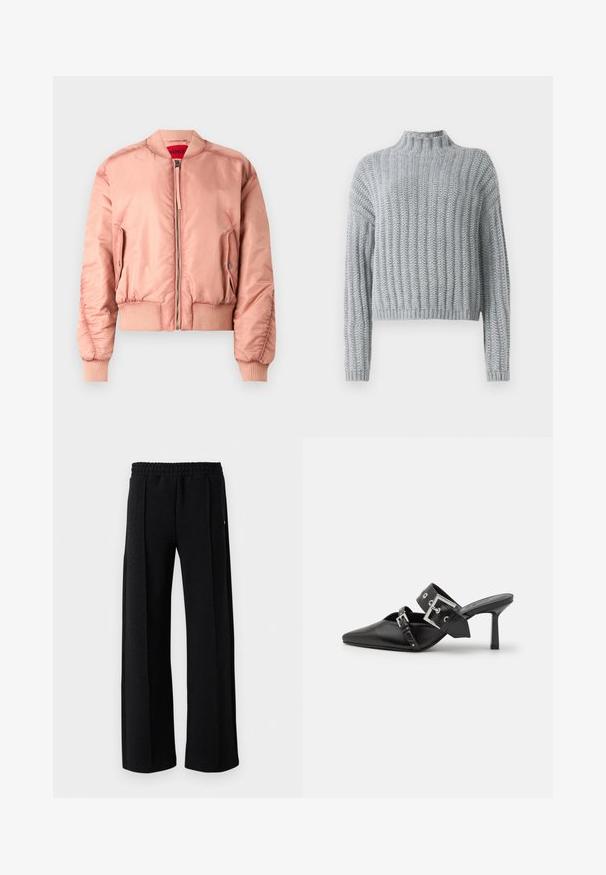 Vaaleanpunainen pommikuri takki, jossa on sileä ja kiiltävä kangas, ribbeillä varustetut hihansuut ja helma, etuvetoketju ja sivutaskut. Vuorattu kirkkaan punaisella sisäosalla.; Vaaleanharmaa paksu neulepusero, jossa on ribbimitattu kuvio, mock-neck, pitkät hihat ja hieman lyhyempi malli.; Valkea pitkähihainen nappipaita sileästä puuvillasekoitteesta. Sisältää klassisen kauluksen, etunappisulun ja pyöristetyt hihansuut.; Mustat suorat housut, joissa on joustava vyötärö ja hillitty tekstuurikuvio koko kankaan alueella valkoisella taustalla.; Musta korkeakorkoiset mokkasiinit, joissa on terävä kärki ja sileä nahka. Varustettu leveällä nilkkahihnalla, jossa on neliönmuotoinen hopea solki ja niittejä.