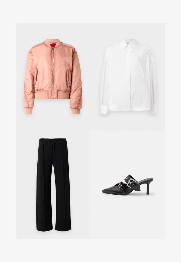 Rosa Bomberjacke aus glattem, glänzendem Stoff, mit gerippten Bündchen und Saum, vorderem Reißverschluss und seitlichen Taschen. Gefüttert mit einem leuchtend roten Innenfutter.; Weißes Langarm-Hemd mit Knopfverschluss aus einer glatten Baumwollmischung. Verfügt über einen klassischen Kragen, eine Frontknopfverschluss und abgerundete Manschetten.; Schwarze gerade Hosen mit elastischem Bund und subtiler Struktur im gesamten Stoff auf einem weißen Hintergrund.; Schwarze High-Heel-Mules mit spitzem Zeh aus glattem Leder. Mit einem breiten Knöchelriemen, der eine quadratische silberne Schnalle und Nieten aufweist.