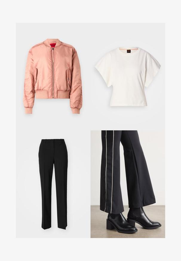 Roosa pommijakk, millel on sile ja läikiv kude, soonikkoes mansetid ja alläär, esimesel kihil tõmblukk ja küljetaskud. Seal on ere punane vooder.; Valge lühikeste laiadte varrukatega lühike T-särk, pehme puuvillane materjal, ümar kaelus kergelt oranži ääristusega, minimaalne disain, ilma mustrite ja graafikateta.; Mustad ja sirged püksid, millel on sile tekstuur ja teravad voldid esiosas. Ilma nähtavate detailideta.; Mustad nahast pahklu_bootid, millel on ploki konts ja elastsed külgpaneelid. Kombineeritud mustade pükstega, millel on valge küljeriba.