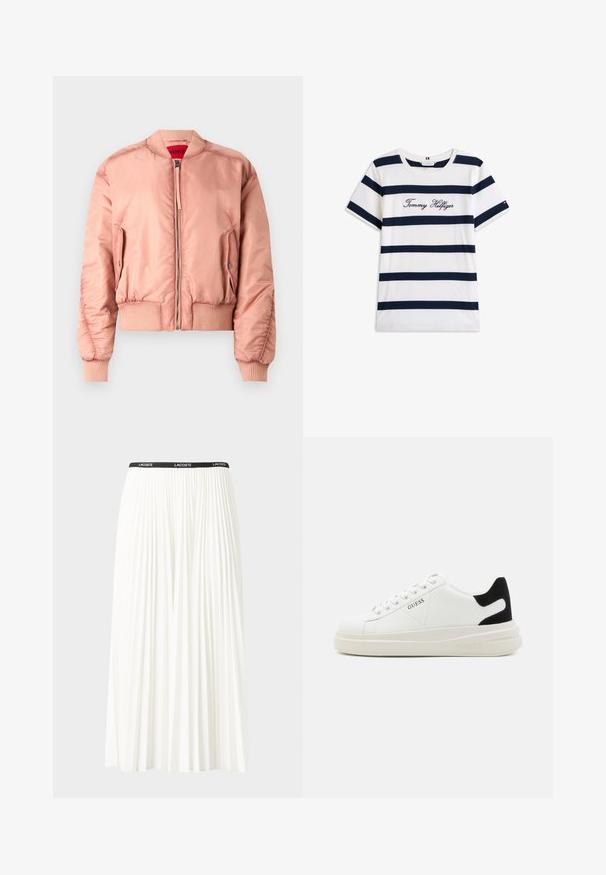 Pink bomber jacket with a smooth, shiny fabric, ribbed cuffs and hem, front zip closure, and side pockets. Lined with a bright red interior.; Cotton T-shirt with horizontal navy stripes on a white background. "Tommy Hilfiger" embroidered in cursive on the chest. Crew neckline.; Pleated white skirt with a black elastic waistband featuring the "LACOSTE" logo. Mid-length design with soft texture.; White leather sneakers with a thick white sole, black suede heel accent, and embossed logo on the side. Laced design with six eyelets.