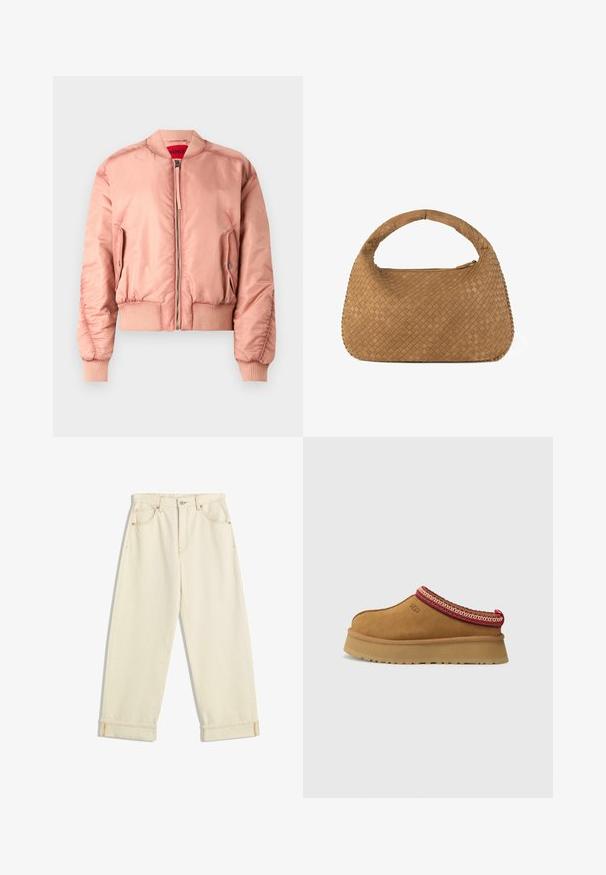 Růžová bomber bunda s hladkým, lesklým materiálem, žebrovanými manžetami a spodním lemem, předním zipem a bočními kapsami. Podšitá jasně červenou podšívkou.; Bílé tričko bez rukávů vyrobené z bavlny, má jednoduchý design s kulatým výstřihem a černým logem "HUGO" uprostřed. Hladká textura.; Krémové džíny s volným střihem, s ohrnutými cuffy, kontrastním oranžovým šitím a předními i zadními kapsami.; Hnědé semišové slip-on boty s červeným a krémovým vzorovaným lemem, texturovanou podrážkou a logem UGG po straně. Obsahují mírnou výšku platformy.; Tkaná hnědá kabelka s kulatou rukojetí, vyrobená z měkké kůže. Disponuje zipovým uzávěrem a složitým vzorem košíkového pletení.