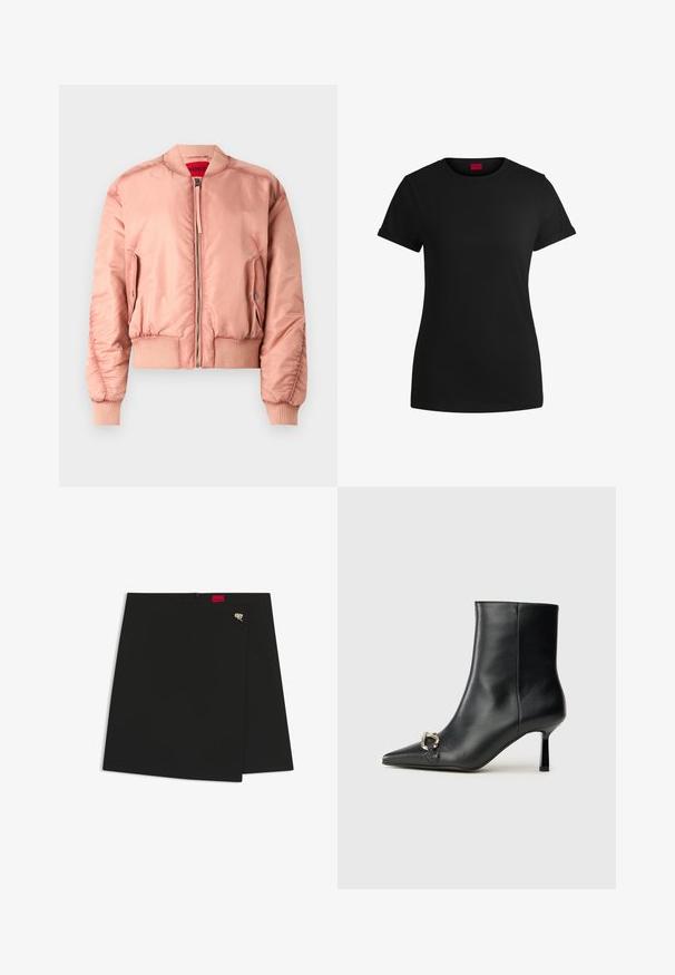 Pink bomber jacket made of smooth, shiny material. Features ribbed cuffs and hem, zip closure, and side pocket. Red interior lining.; Black cotton t-shirt with short rolled sleeves, a round neckline, and a red label. Smooth texture, fitted shape with minimal detailing.; Black wrap skirt with a smooth texture, featuring a red logo tag and a silver hardware accent. Simple design with a clean cut.; Black leather ankle boot with pointed toe, slim mid-height heel, and silver buckle detail on side against plain background.