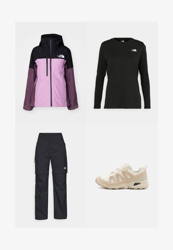 The North Face DAWNSTRIKE INSULATED JACKET - Slidinėjimo striukė - black/dragonfruit/midnight mauve; Juodas ilgomis rankovėmis medvilninis marškinėliai su apvali apykakle. Savybė - mažas baltas logotipas kairėje krūtinės pusėje. Paprastas dizainas ir pritaikymas.; Juodos nailoninės krovinių kelnės su reguliuojamais rankovėmis, daugybe kišenių ir logo ant dešinės kojos. Lygi, lengva tekstūra.; Bežinės ir kreminės spalvos sportinės bateliai su tekstūruoto tinklelio viršutine dalimi, palaikančiomis detalėmis ir guminiais padais, turinčiais raštą, užtikrinantį sukibimą.
