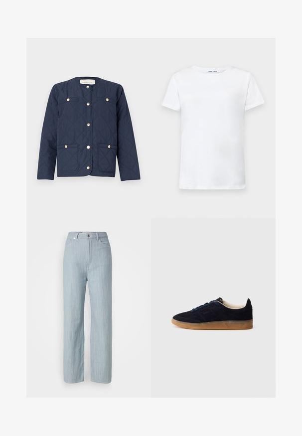 Marineblå quilted jakke med rund halsudskæring, gyldne trykknapper, to forlommer og dekorativ diamantstingmønster.; Hvid kortærmet t-shirt lavet af bomuld med rund hals. Glat tekstur og lige snit, ingen mønstre eller detaljer.; Lysblå straight-leg jeans lavet af denim. Har fem lommer, en metal knaplukning og subtile slidser for tekstur.; Marineblå ruskindssneaker med gummisål, blå snørebånd og minimalistisk design. Indeholder præget logo på siden og glat inderfor.