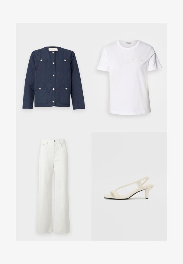 Marineblå quiltet jakke med rund hals, gullsnapper, to frontlommer og dekorativt diamantstingmønster.; Hvit bomull T-skjorte med korte ermer, rund hals og en subtil brodert logo på venstre brystområde. Glatt tekstur, klassisk passform.; Samsøe Samsøe SHELLY - Jeans relaxed fit - clear cream; Beige blokk-høydesandaler med tynne stropper og firkantet tå. Glatt materiale med minimale detaljer, designet for enkel bruk.