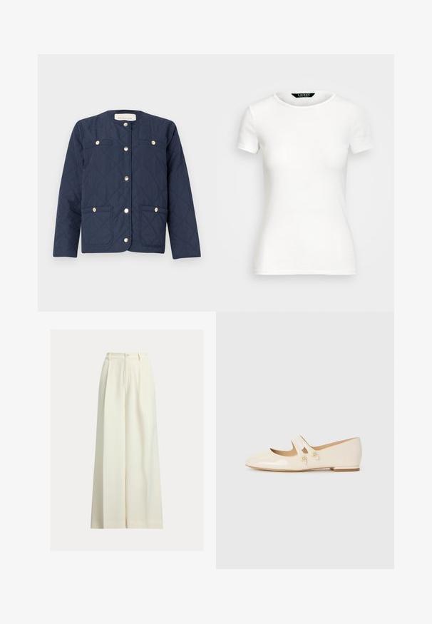 Marineblå quiltet jakke med rund hals, gullsnapper, to frontlommer og dekorativt diamantstingmønster.; Hvit bomulls T-skjorte med kort erme, rund hals, tettsittende design og glatt tekstur. Logomerke ved halsen.; Kremfargede vide bukser laget av glatt stoff, med høy midje, to folder foran og enkel knapping.; Elfenben patent lær balletflats med to dekorative stropper og gule knapper, med rund tå og lav blokkhæl.