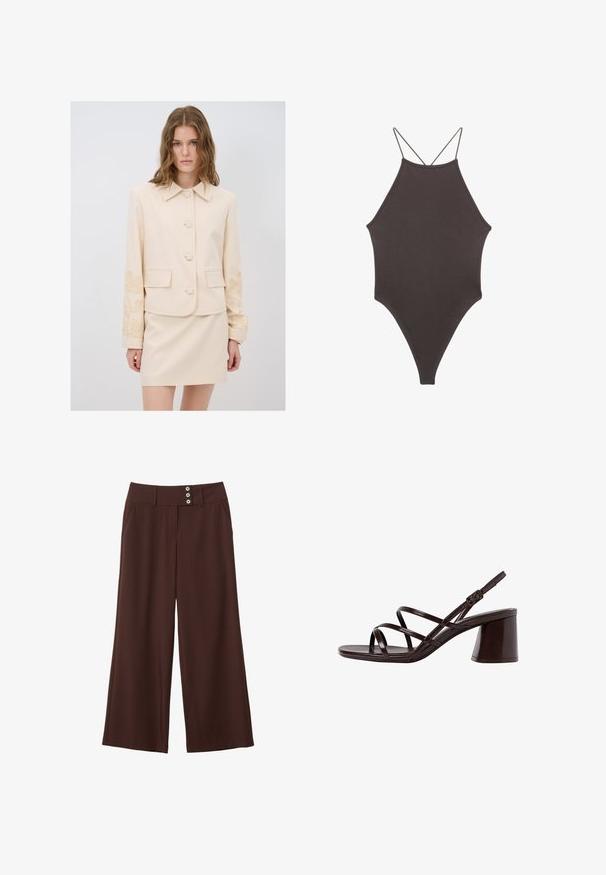 Beige upravená sako s límečkem, pěti knoflíky a květinovou výšivkou na rukávech; spárováno s odpovídající béžovou sukní.; Hnědé, jednodílné plavky s vysokým krkem a tenkými, nastavitelnými ramínky; mají vysoký střih nohavic a hladkou texturu. Žádné vzory ani ozdoby.; Hnědé kalhoty s širokými nohavicemi vyrobené z hladké látky, s dvěma bočními kapsami a pasem se třemi dekorativními knoflíky.; Hnědé sandály na vysokém podpatku s robustním podpatkem, s hladkým, lesklým povrchem a několika křížícími se pásky na svršku.