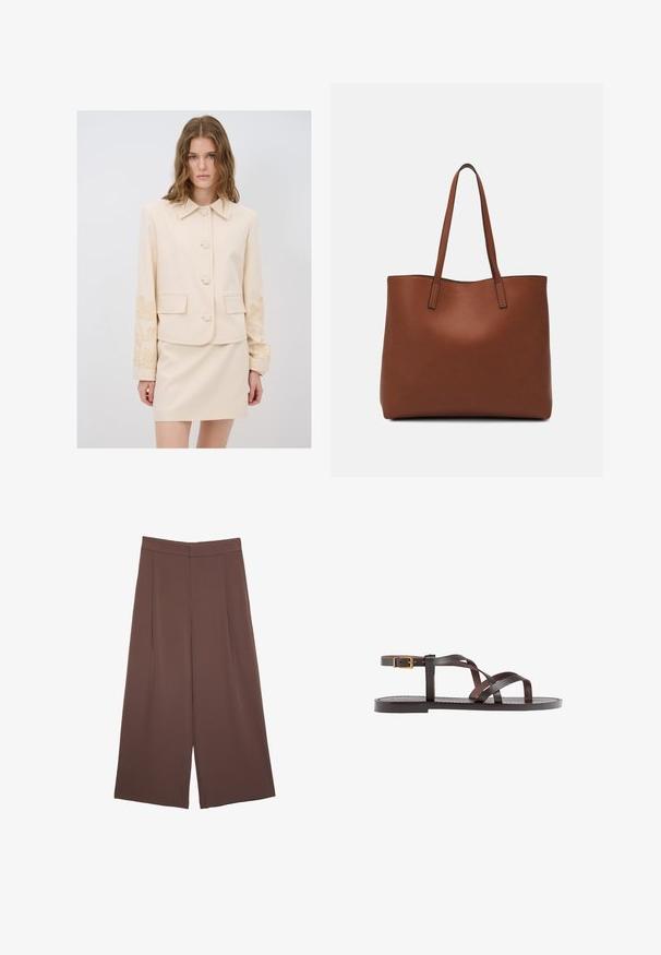 Beige räätälöity takki, jossa on kauluksellinen kaula, viisi nappia ja kukkakirjonta hihoissa; yhdistettynä matchaavaan beigeen hameeseen.; Kahvinsävyinen lyhythihainen t-paita, joka on valmistettu pehmeästä kankaasta. Pyöreä pääntie ja rento malli. Ei näkyviä kuvioita tai koristeita.; Ruskeat leveälahkeiset housut, joissa on sileä pinta, korkea vyötärö ja etupleat. Kangas on kevyttä ja laskeutuu väljänä.; Ruske kožne sandale s križnim trakama, zatvaranjem na kopču oko gležnja i ravnim potplatom s minimalnim detaljima šivanja.; Ruskea nahkainen olkalaukku, jossa on sileä pinta, avoin yläosa ja kaksi olkahihnaa. Omaavat vain minimaalisen ompelun eikä näkyvää metalliosaa.