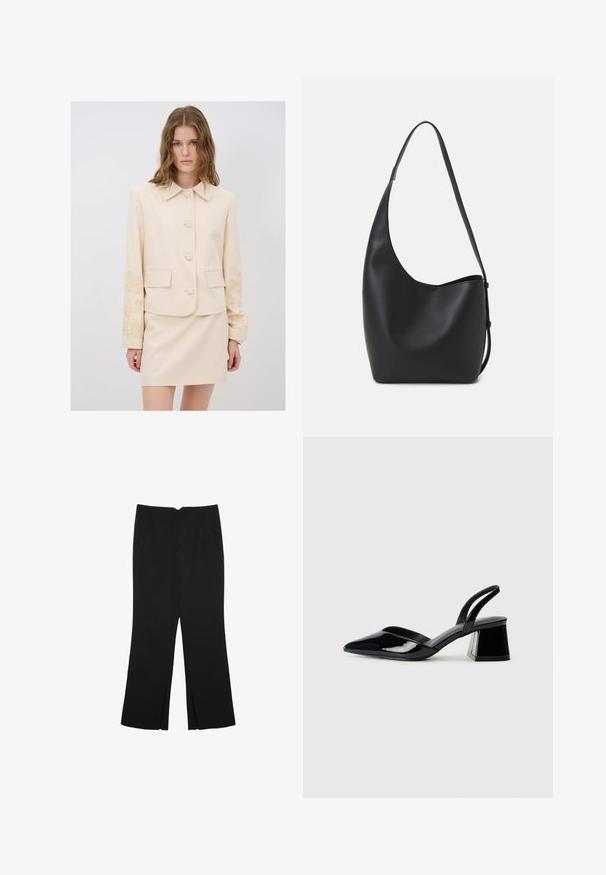 Beige räätälöity takki, jossa on kauluksellinen kaula, viisi nappia ja kukkakirjonta hihoissa; yhdistettynä matchaavaan beigeen hameeseen.; Musta hihaton paita, joka on valmistettu puuvillasta, ja jossa on pyöreä kaula-aukko sekä leveät kainaloaukot. Silkkinen pinta ja ommellut reunat. Klassinen, minimalistinen muotoilu.; Mustat housut suoralinjaisella leikkauksella, joissa on etutaskut ja sivurei'ät helman alla. Valmistettu pehmeästä ja sileästä kankaasta. Sopii eri tilaisuuksiin.; Mustat patentoitu nahkakengät, joissa on säären takaosa ja terävä kärki, sekä geometrinen palikkakorko. Sisältää tyylikkään, minimalistisen muotoilun ja sileän pinnan.; Musta nahkainen hobo-laukku, jossa on sileä pinta, kaareva muoto ja yksi säädettävä olkahihna; sisäänkäynti on leveä ylhäältä.
