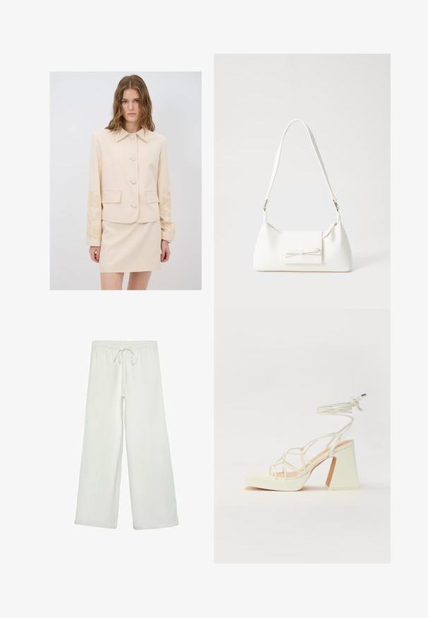 Beige skræddersyet jakke med krave, fem knapper og blomstermønster på ærmerne; parret med enMatchende beige nederdel.; Lys beige kortærmet t-shirt med rund halsudskæring, lavet af blødt, glat stof. Har en afslappet pasform og lige forneden.; Hvide bukser med bred ejer lavet af blødt stof. Har en elastisk talje med snor og en glat tekstur. Ingen synlige mønstre eller hardware.; Hvide højhælede sandaler med en kraftig hæl, der har et stropdesign og ankelbinding. Glat tekstur med en platform foran for ekstra højde.; Hvid syntetisk håndtaske med en trekantet form, flad forsideklap og sløjfedetalje, justerbar strop, glat tekstur og minimalistisk design.