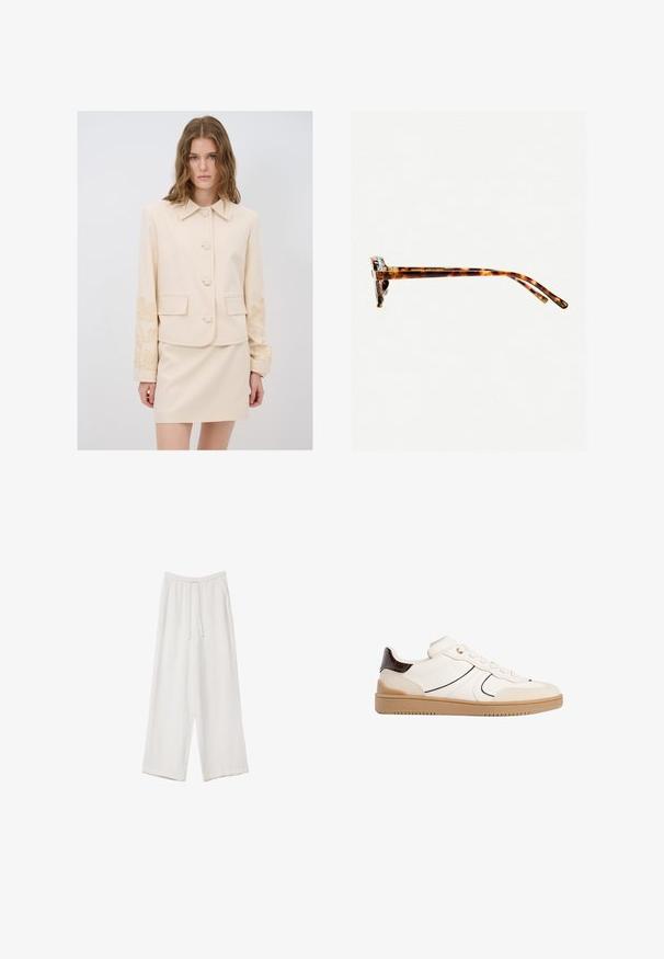 Beige skræddersyet jakke med krave, fem knapper og blomstermønster på ærmerne; parret med enMatchende beige nederdel.; Hvid kortærmet t-shirt lavet af bomuld. Har en rund halsudskæring og en afslappet pasform. Glat tekstur uden synlige mønstre eller detaljer.; Hvide bukser med bred benlængde lavet af et letvægtsstof. Har et elastisk talje med snor og sidelommer. Glat tekstur.; Stradivarius Sneakers - white; Skildpaddemønstret solbriller med en tyk ramme, let buede stænger og glat overflade. Har et klassisk design med en blank finish.