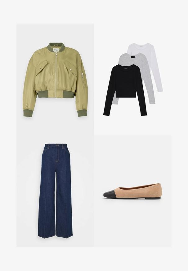 Apmušti bomberio tipo švarkas alyvų žalia spalva, pagamintas iš lygios nailono medžiagos su raukšlėmis ant rankovių ir apačios. Yra dvi kampu išdėstytos priekinės kišenės ir užtrauktuku uždaroma kišenė ant rankovės.; Trijų ilgomis rankovėmis marškinėlių krūva: juodas, pilkas ir baltas. Kiekvienas turi apvalų iškirpimą ir trumpą dizainą, pagamintas iš lygaus, lengvo audinio.; Aukštai juosmens, plačių kojų tamsiai mėlyni džinsai su priekinių ir galinių kišenių, mygtuko uždarymu ir matomais siuvimo detalėmis.; Šviesiai rudas zomšiniai baleto bateliai su juodu odiniu suapvalintu pirštu, maža pakulne ir lygia tekstūra, su minimaliai siūlėmis ir tvarkingu dizainu.