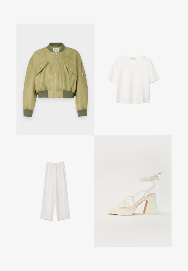 Afskåret bomberjakke i olivengrøn, lavet af glat nylon med ribstrikkede manchetter og kant. Har to skrå frontlommer og en lynlåslomme på ærmet.; Hvid kortærmet t-shirt lavet af bomuld. Har en rund halsudskæring og en afslappet pasform. Glat tekstur uden synlige mønstre eller detaljer.; Hvide bukser med bred benlængde lavet af et letvægtsstof. Har et elastisk talje med snor og sidelommer. Glat tekstur.; Hvide højhælede sandaler med en kraftig hæl, der har et stropdesign og ankelbinding. Glat tekstur med en platform foran for ekstra højde.