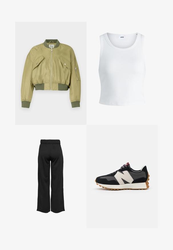 Kuttet bomberjakke i olivengrønn, laget av glatt nylon med ribbede mansjetter og kant. Har to skrå frontlommer og en glidelåslomme på ermet.; Hvit ribbestrikket tank topp med rund hals, uten ermer og croppe lengde. Merket leser "JJXX." Glatt stoff tekstur.; Svarte, vide bukser med elastisk midje, laget av glatt stoff. Har et rent design uten lommer eller synlige sømmer.; Sorte og grå sued sneakers med et stort cremefarvet "N" logo, lilla snørebånd og en tekstureret gummisål.