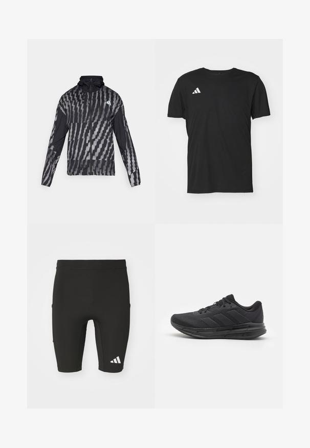 Lahka črna jakna s geometrijskim belim vzorcem. Ima visok ovratnik, poln zadrgo in dolge rokave.; Črna športna majica iz lahkega materiala, z kratkimi rokavi in okroglim izrezom. Bele Adidas logotip na zgornji levi strani.; Črne atletske hlače s fitted dizajnom, narejene iz elastičnega materiala. Imajo tri žepe in belo Adidasovo logo na spodnjem delu hlač.; Črne športne čevlje z mrežasto zgornjico, gumijastim podplatom, teksturiranim dizajnom in tremi črtami na strani. Pena za udobje.
