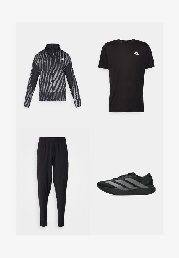 Veste noire légère avec un motif géométrique blanc. Comprend un col haut, une fermeture éclair sur le devant et des manches longues.; T-shirt en coton noir à manches courtes, décolleté rond et logo blanc sur la poitrine gauche. Texture lisse et design simple.; Pantalons de sport noirs avec une taille élastique, design fuselé, poches latérales et détail de logo subtil. Fabriqués en tissu flexible et respirant.; Chaussures de sport noires au design léger, présentant trois rayures grises marquées, une texture lisse et une semelle profilée.